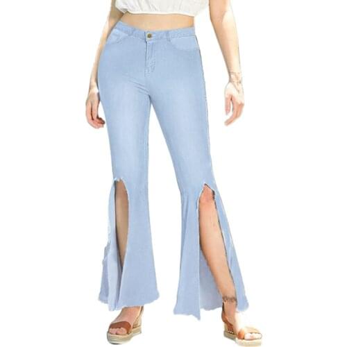 Womens Flare Pants Jeans Solid High Waist Slim Loose Boot Cut Denim Pants Casual Front Big Split Washed Mom Fashion Trousers