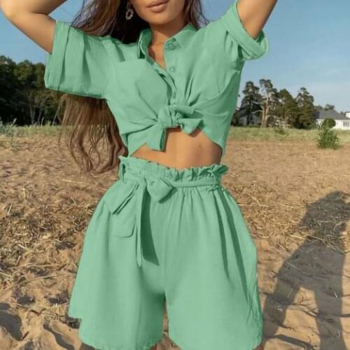 Summer new 2021 womens solid color single breasted short sleeve shirt bandage fashion leisure beach two piece set