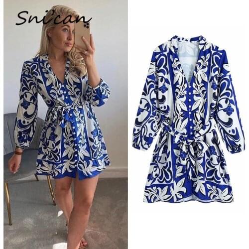 Za Office Ladies Shirt Dress With Belt Fashion Summer Women Mini Dress Blue Paisley Print Jurk Robe Femme Sukienka Letnia 2021