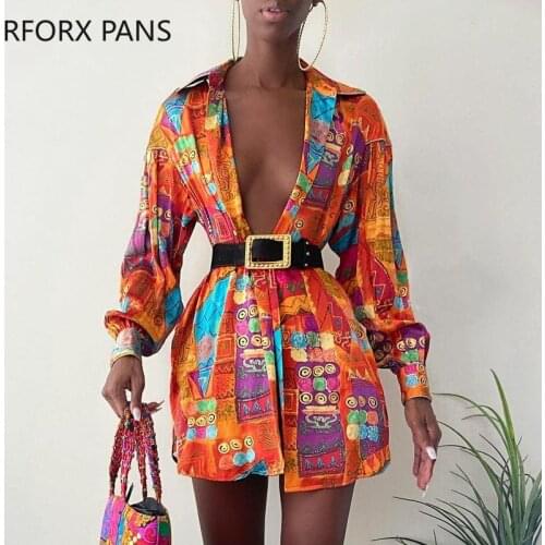Women All Over Print Casual Dress Long Lantern sleeves Sashes Mini Cardigan Sexy Dress Top