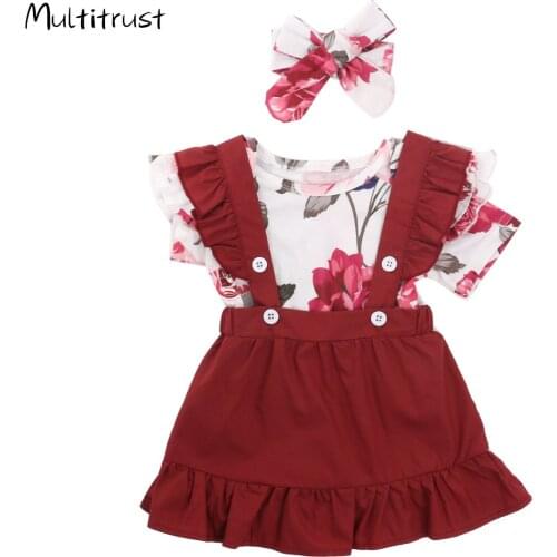 2020 Newborn Girl Short Sleeve Bodysuit + Suspender Skirt + Bow Tie 3pcs Red Wine Flower Print Baby Summer Clothing