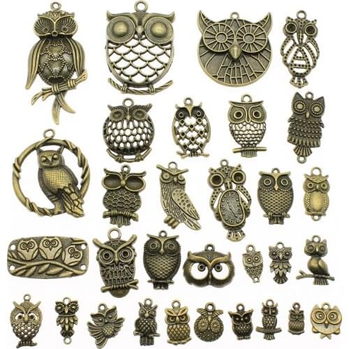 40g Antique Bronze Plated Zinc Alloy Random Mix Styles Owl Charm For DIY Jewelry Making