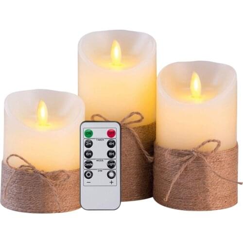 Flameless Candles Battery Operated Simulation Electric LED Candle Set with Remote Control and Timer, with Hemp Rope