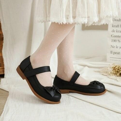 Black Round Toe Hook Loop Shoes College Girls Shoes Students Japanese Style Bow Lovely PU Leather Uniform School Cosplay Shoes