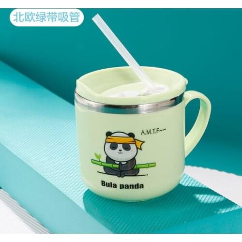 304 Stainless Steel Childrens Water Cup with Cover Straw Baby Drinking Mug Student Cartoon Drinkware