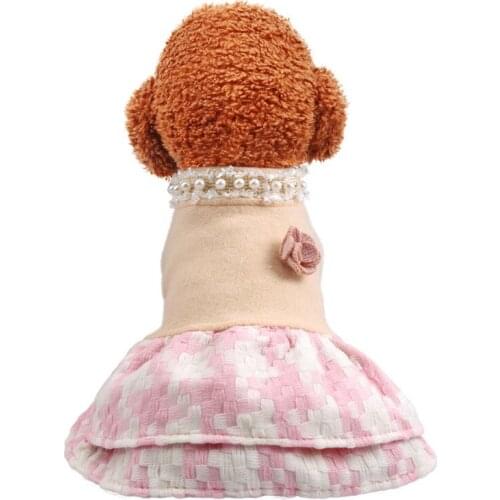 Pet Dogs Clothes Autumn Winter Warm Dress For Dog Puppy Cute Costume Pink Houndstooth Flower Woolen Cloth Teddy Skirt
