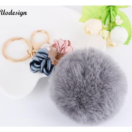 Imitate Fur Ball Pompon Keychain Handmade Flowers Fur Pompons Keyring Car Key Chain Chaveiro Pearl Pom Pom Keychain