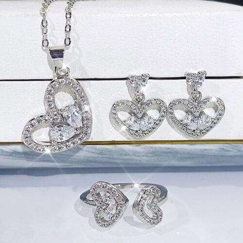 Unique craftsmanship inlaid crystal heart-shaped ring earrings necklace set elegant luxury ladies wedding engagement jewelry