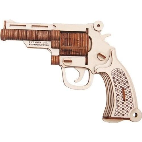 Laser Cutting 3D Wooden Building Blocks Kits Assembly Military Revolver Black Shark Model For Hobby Collector Kids Teens Toys