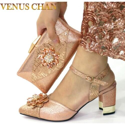 Italian Design Hot Selling Fashion Peach Color Women Shoes and Bag Set Decorated With Colorful Crystal and Streamer Modeling