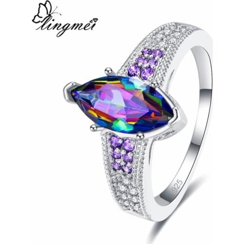 Lingmei Engagement Wedding Women Ring Marquise Cut Multi & White & Pink & Purple Zircon Silver Color Jewelry Size 6 7 8 9 Charm