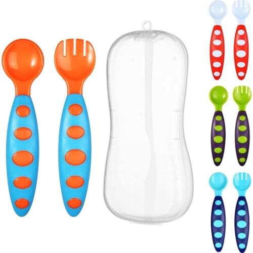 2 Pcs/Set Baby Feeding Spoon with Storage Box Safety Protable Baby Spoon Fork Set Infant Utensil Tableware Set Baby Supplies