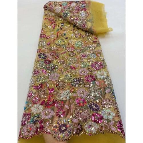 Madison African French Handmade Beaded Lace Fabric 2021 High Quality Lace Nigerian Tulle Mesh Lace Fabrics For Wedding