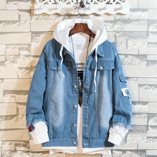 Mens Jeans Hooded Fashion Korean Leisure Vacation Two Piece Splicing Denim Jacket Jeans Coat 2021 Ins Tide Brand Mens Coat
