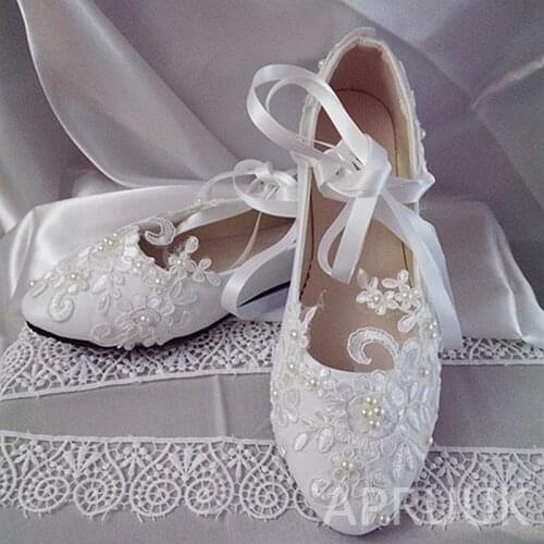 Flats wedding shoes bride plus size 41 42 43 riband satin ribbons ivory lace pearls bridal flower girls bridesmaid women shoes