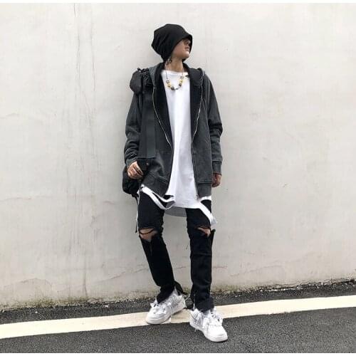 2021 new spring and autumn men high street wind hoodie male hip hop loose with hat trend washed gray cardigan zipper coat