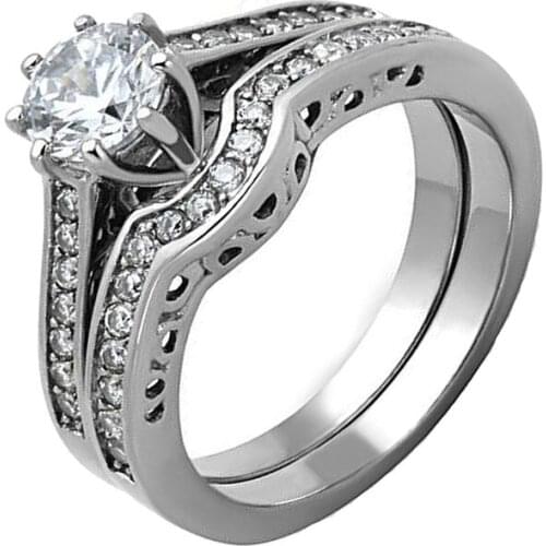 EAMTI Cubic Zirconia Stainless Steel Ring Set Women Wedding Band Engagement Rings For Female Fashion Eternity Bridal Jewelry