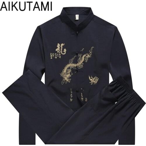 New Martial Arts Wushu Uniforms Men Tang Suit Printed Long Sleeve Pants Chinese Style Stand Collar Martial Arts Sets Clothing