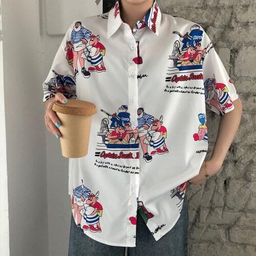 2020 Summer New Women Short Sleeve Cartoon Print White Loose Blouse Shirts Casual Office Lady Tops Blouses Shirts