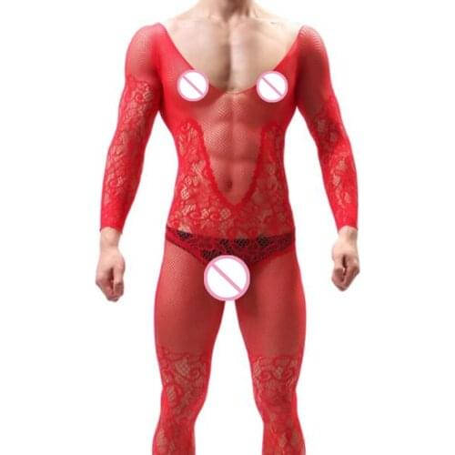 Novelty Male Bodysuit Funny Men Jumpsuit Sexy Lingerie Man Red Sleepwear Gentleman Underwear Sexy Costumes Fishnet Clothing NEW