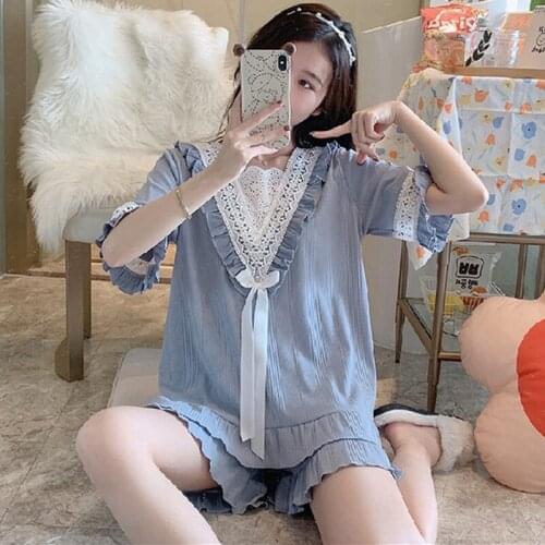 Fairy Princess Style Pajamas Combed Cotton Sweet Cute Shorts Sleeved Home Clothes New Summer Pyjamas Women Lace Sleepwear Set