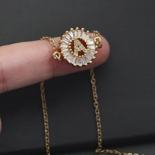 Simple Zircon Initial Letter Round Circle Charm Choker Necklace Elegant Copper Gold Color Alphabet Geometric Collar Steel Chain