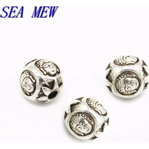 SEA MEW 10 PCS 10mm Metal Alloy Tibetan Silver Color Spacer Beads Nepal Buddha 2mm Hole Beads Loose Bead For Jewelry Making