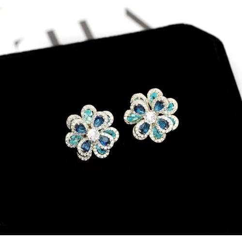 EYER Exquisite Flower earrings AAA Cz Zircon stone Colorful Blue Color Party wedding Stud Earrings for women Fashion Jewelry