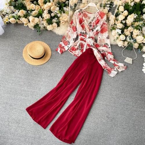 2021 Summer New Style Chiffon Printed Cross V-Neck One-Piece Blouse High Waist Thin Wide-Legged Trousers Two-Piece Suit s1209