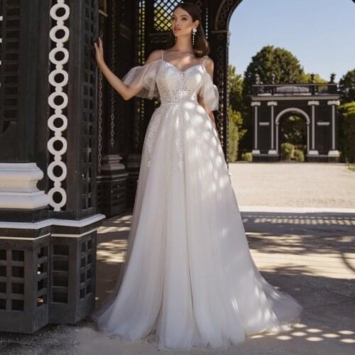 Wedding Dress 2021 Charming Spaghetti Straps Sweetheart Appliques Lace Sweep Train Off the Shoulder Bridal Gowns