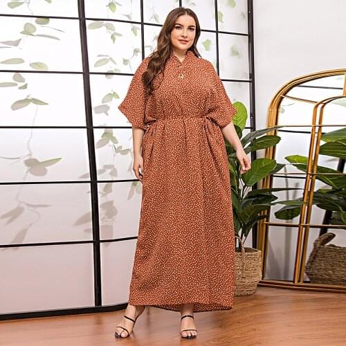 Oversize Kaftan Loose Casual Batwing Sleeve Dot Print Maxi Long Dress Stand Collar Half Sleeve Arab Plus Size Women Clothing