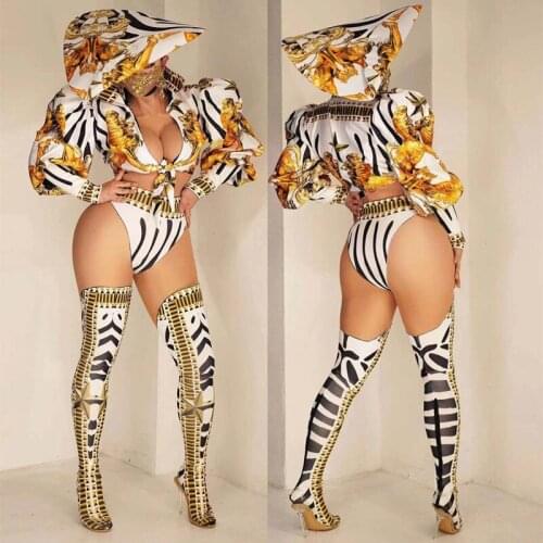 Nightclub Bar DJ Singer Puff Sleeve Tops Shorts Hat Leg Cover Stage Outfit Women Modern Jazz Dance Team Sexy Performance Costume