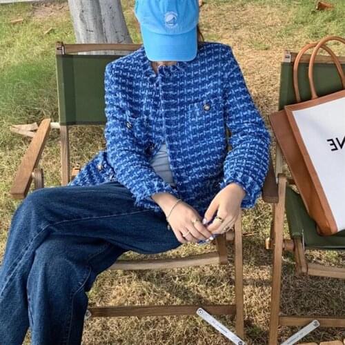 Spring lady short coat jacket blue knitting knitted woven casual coat 2021 fashion