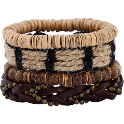 Punk Vintage Fashion Man Bracelet Set Braided Leather Wristbands Multi-layer Charms Beads Wrap Bangle Ethnic Retro Woman Jewelry