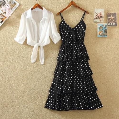 Polka Dot Chiffon Women Dress Sets Summer New White Shirt And A-Line Layered Knee-Length Elegant Beach Style Dresses Suits