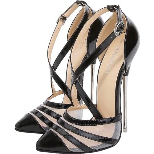 Crossdresser Ankle Strap Woman Sandals 16cm metal Thin Heels Pumps Breathable mesh Shoes Woman Stripper Stilettos Plus:35-43 44