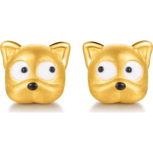 3D 999 24k Yellow Gold Earrings Women Fashion Dog Stud Earrings