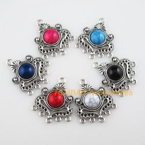 6 New Round Mixed Charms Acrylic Flowers Tibetan Silver Tone Connectors 26x31mm