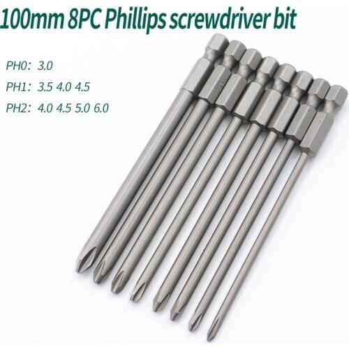 8pcs 100mm Phillips screwdriver bit with magnetic PH0 PH1 PH2 screwdriver bit S2 alloy steel