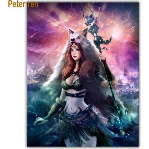 Diy Diamond painting cross stitch Arts and Crafts portrait Full round\square mosaic embroidery Beautiful woman in wolf skin