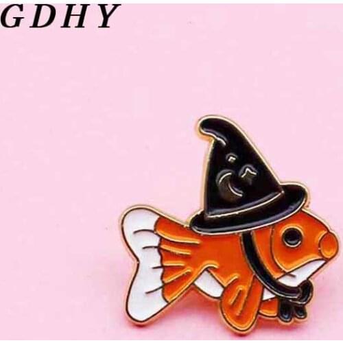 GDHY Cartoon Orange goldfish Enamel Pin Magic Wizard Hat Small fish Lapel Pin Jewelry
