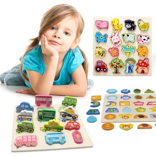 Baby Toys Montessori Wooden Puzzle 3D Cartoon Vehicle Puzzle Car-Animal Shaped Board Set Early Educational Wooden Toy Child Gift