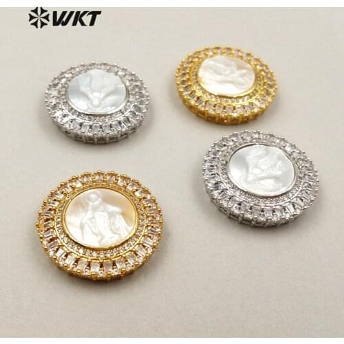 JF254 Wholesale NEW round shellfish Pendant Gold plating caved Goddess,Holy Virgin(mother),Madonna,Jesus,angle,sage Cubic Zircon