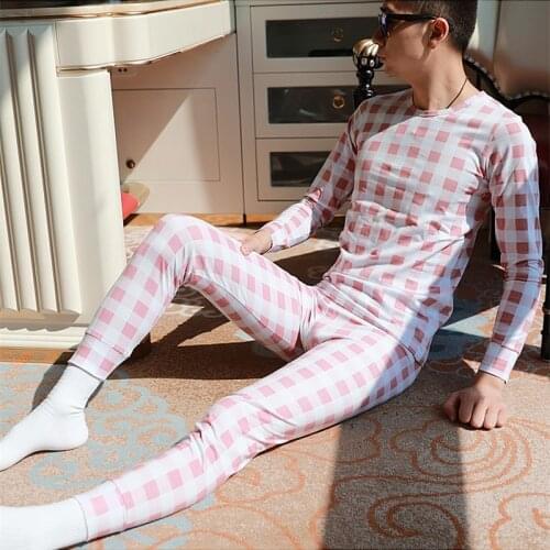 New WJ mens long johns set cotton male legging autumn and winter thermal underwear plaid Long Johns fashion