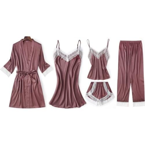 Brand 5pcs Suit Ladies Sexy Silk Satin Pajama Set Female Lace Pyjama Set Sleepwear Autumn Winter Home Wear nightwear For Women