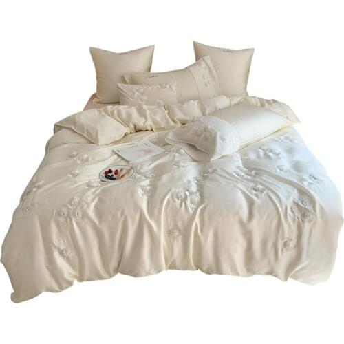 Summer princess style tencel four-piece three-dimensional floral embroidery quilt cover sheets silky cool feeling bedding