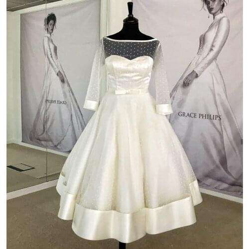 Short Wedding Dresses Ball Gowns 2021 For Bride Knee Length 3/4 Sleeve white Satin Point Net Custom Made Bridal Gown Graceful