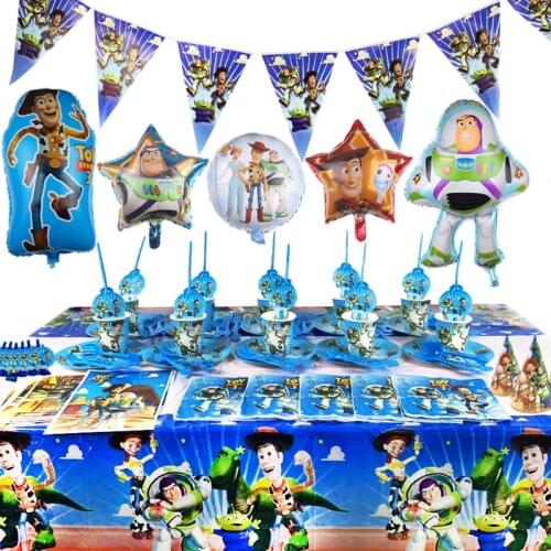 Cartoon Disney Toy Story Theme Party Supplies Decorations Balloons Tablecover Hats Toy Story Plate Cup Flag Party Disposable Set