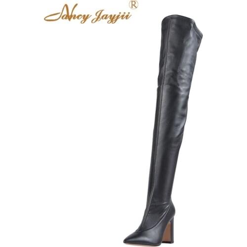 Polyurethane Woman Shoes Adult ladies Black Boots Over-the-knee Super High Square heels Winter Zipper Mature Leisure 8cm~10cm