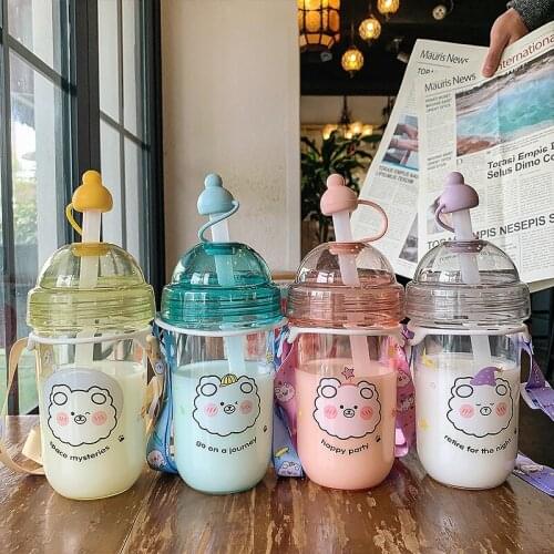 Howtelee INS style cartoon bead milk tea cups bear printed plastic water cup large capacity drop proof choke proof straw bottle